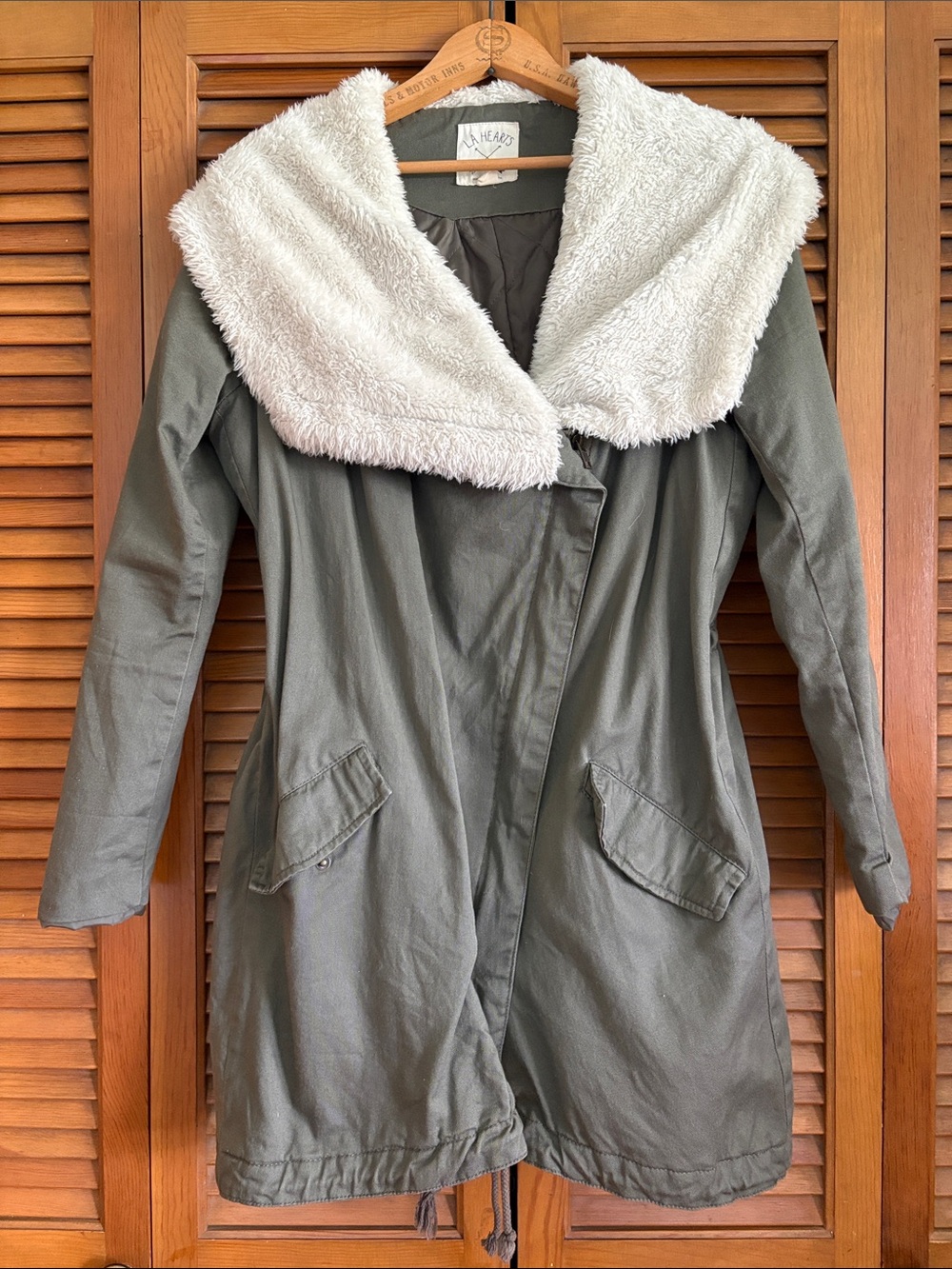 La Hearts Olive Green Trench Coat with Cream Sherpa Collar